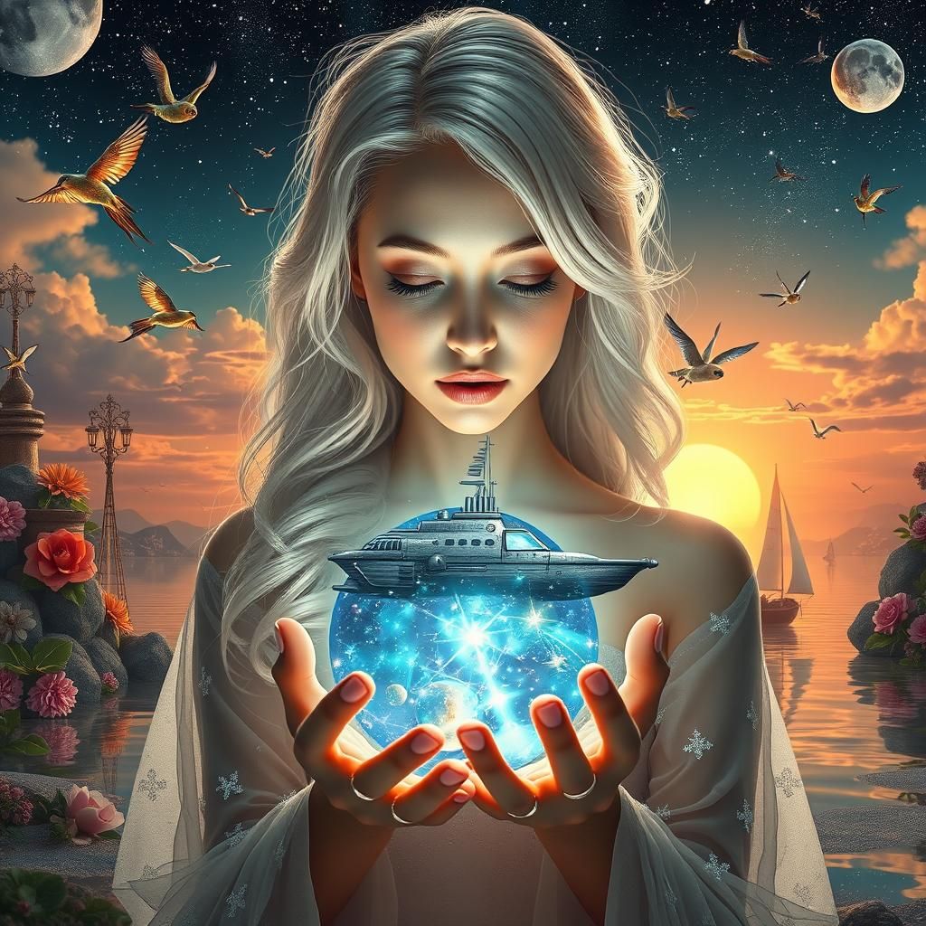 Woman Holds Cosmos in Surreal Dreamscape