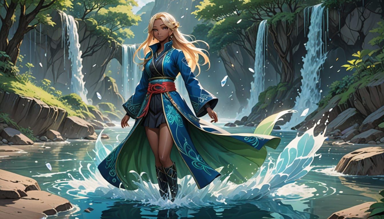 Serenity of the River Goddess in Vibrant Solarpunk Attire