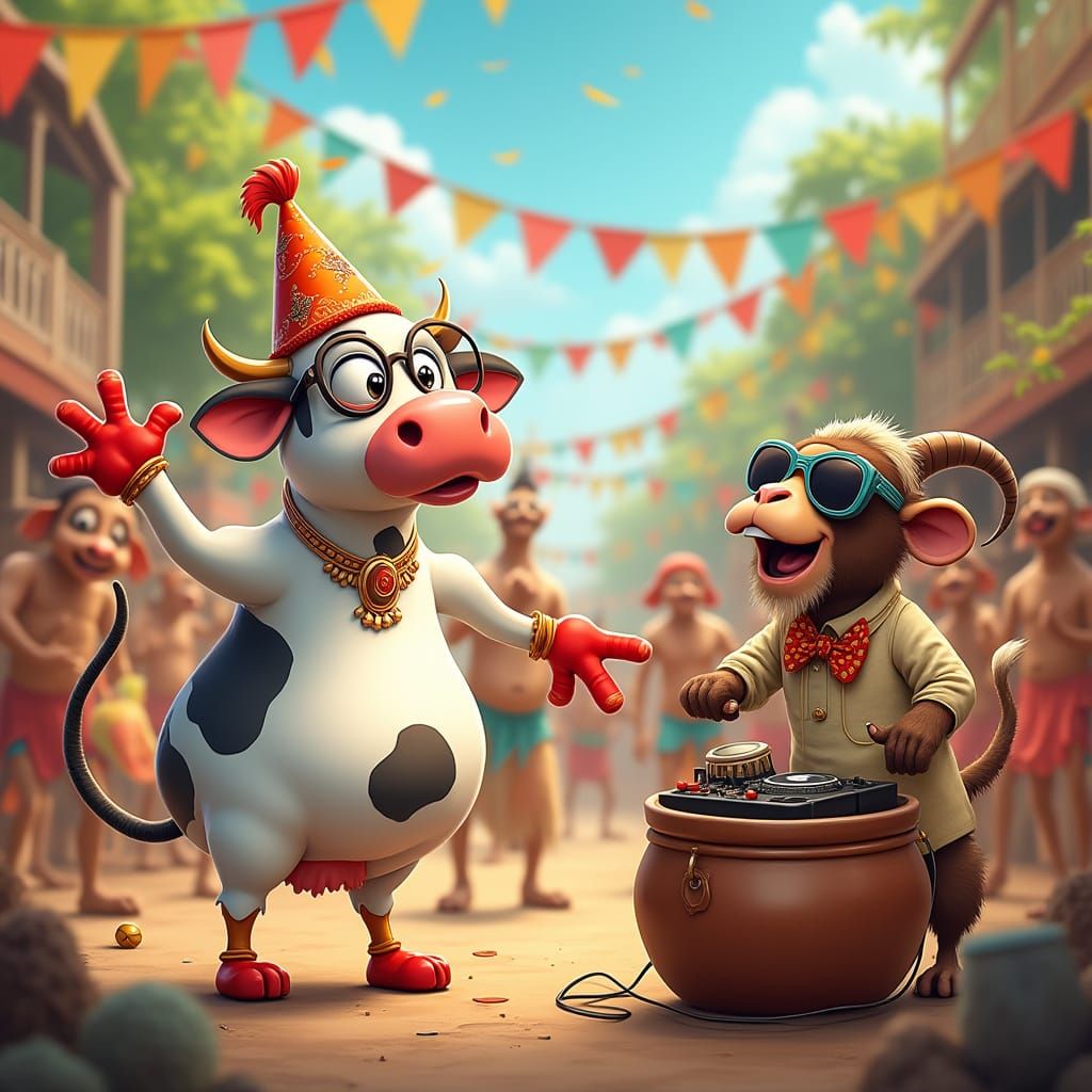 Cartoon Cow Party with DJ Rooster and Friends
