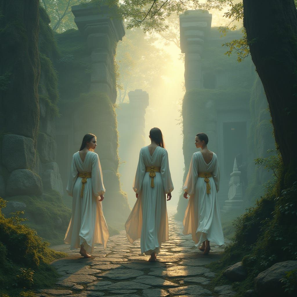 Ancient Temple at Dawn: Matte Painting of Serene Priestesses