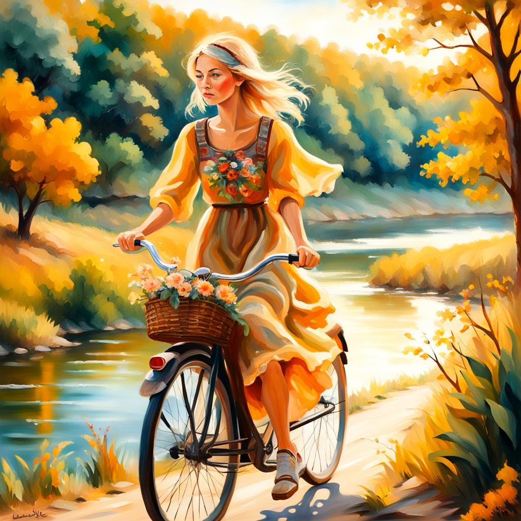 Girl on Bicycle: Impressionist Oil Painting on Felt