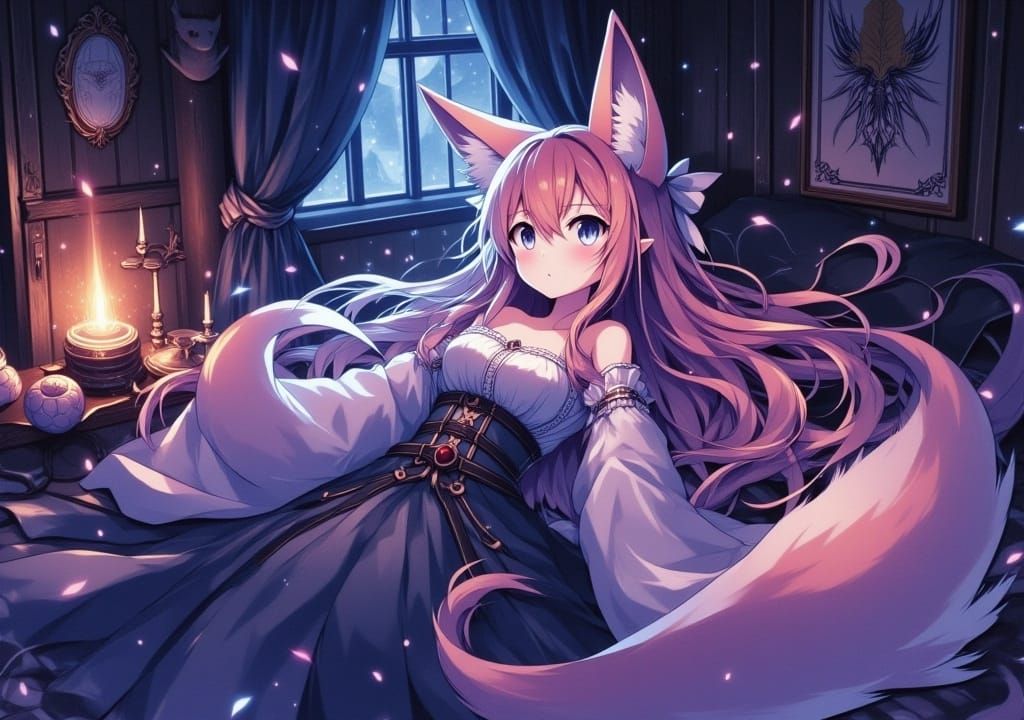 Anime Fox Girl in Dimly Lit Room