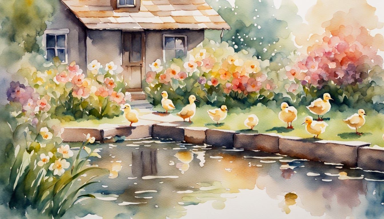 Impressionistic Watercolor of Rustic House with Ducklings
