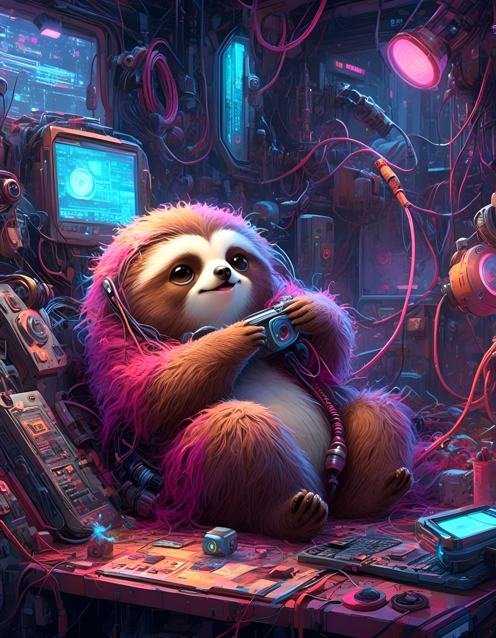 Cyberpunk Android Sloth Yawning, Digital Art