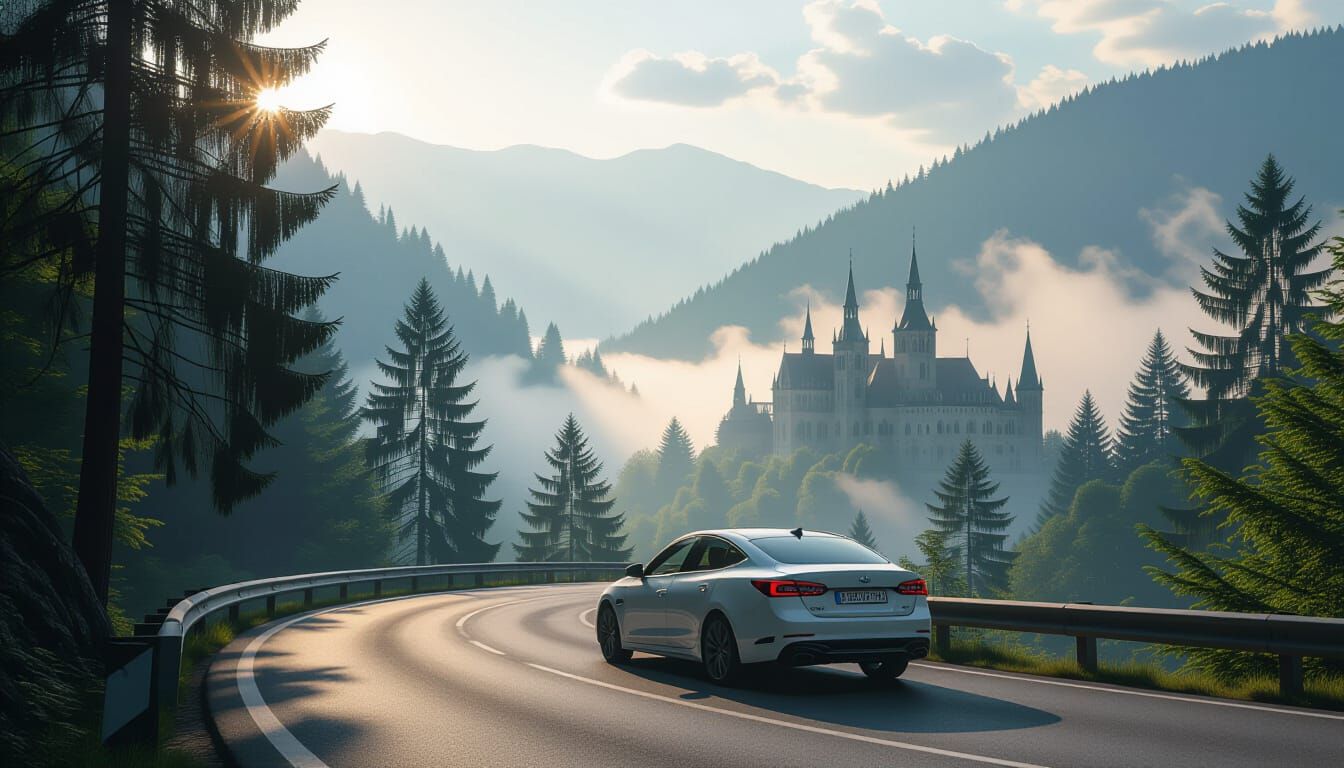 Modern Car Explores Misty Transylvanian Roads