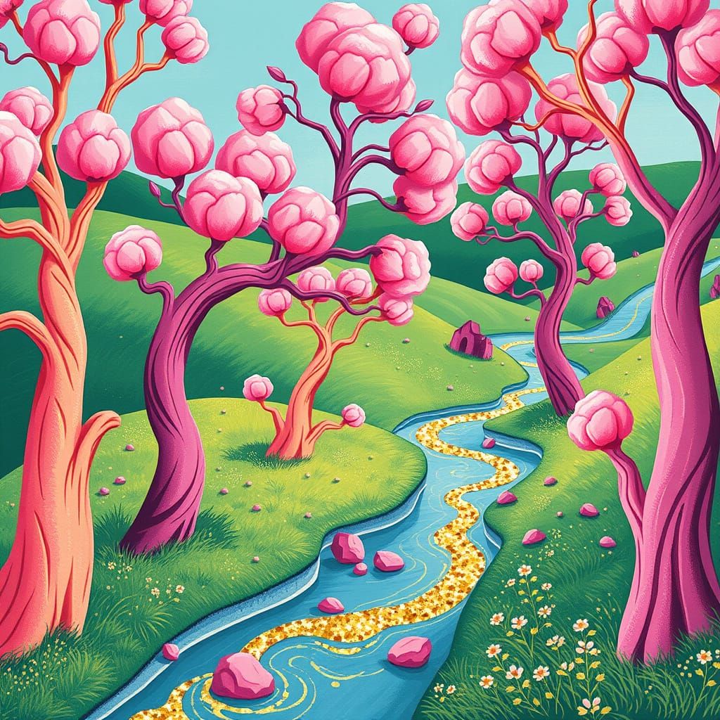 Whimsical, Mid-Century Modern Landscape with Vibrant Trees a...