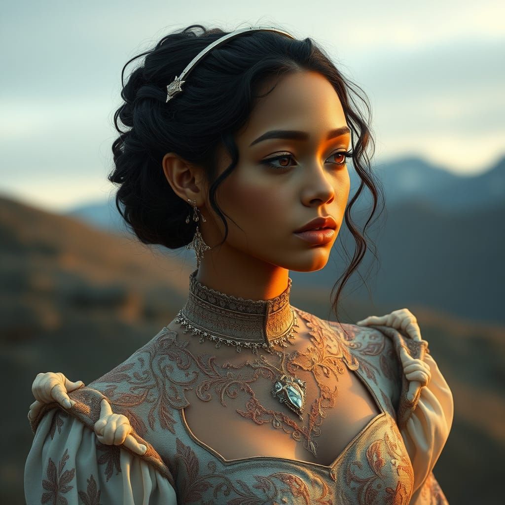 Rihanna-like Elf in Medieval Gown, Digital Painting