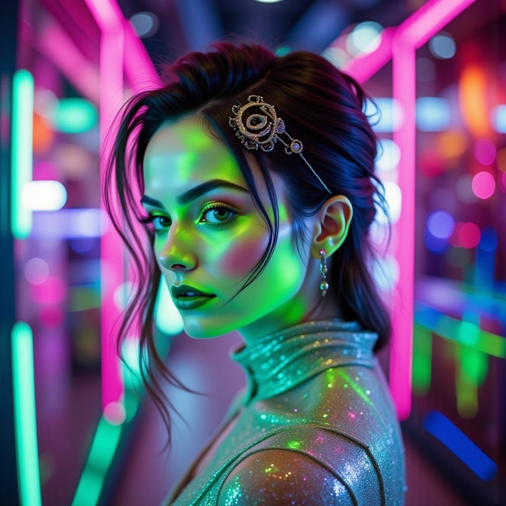 Alien Woman in White Bodysuit with Neon Glow