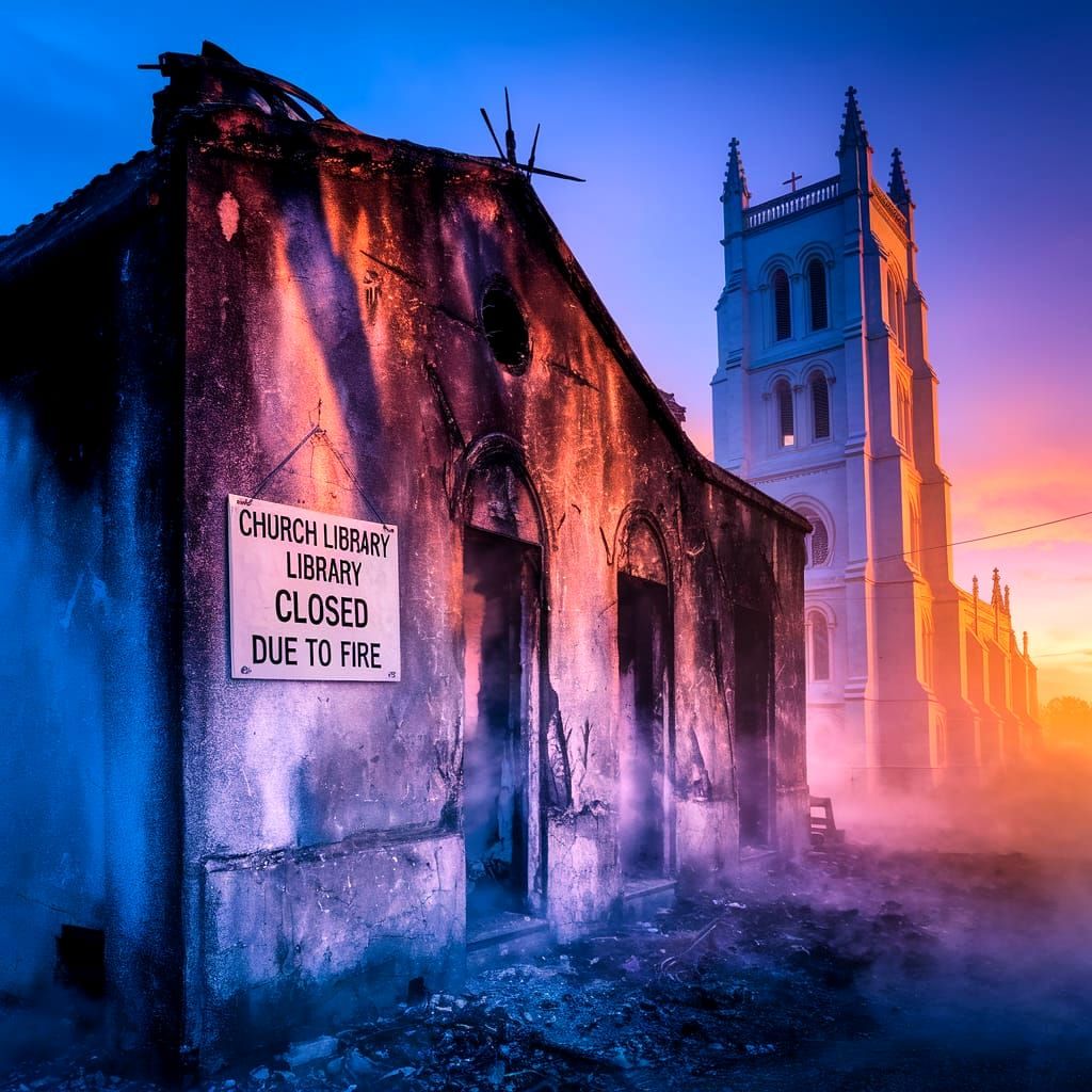 Cathedral and Library Fire in Twilight Hues