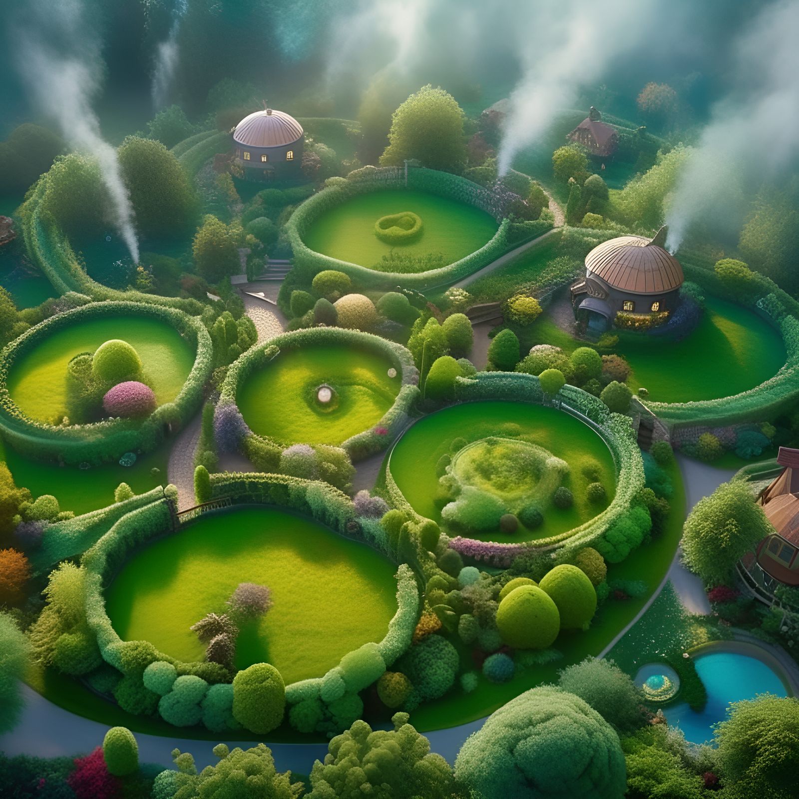 Aerial view of lush circular family homesteads with dome homes, Gardens, people, animals, food forest. Bushes in shape ...