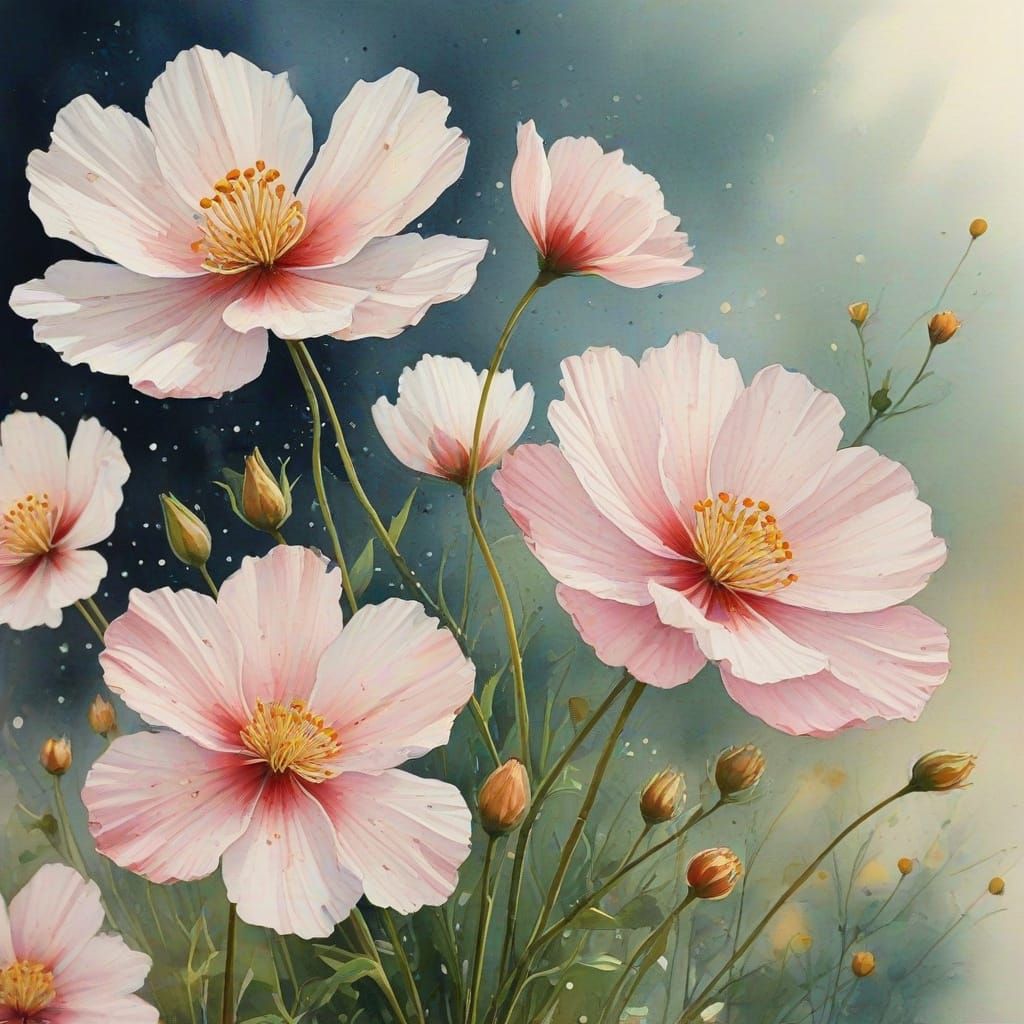 Watercolor Flower Border with Godetia and Cosmos