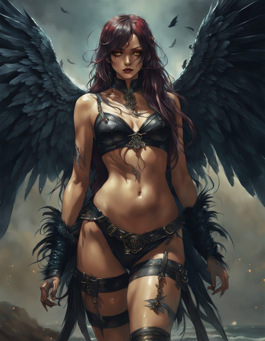 Gothic Harpie Goddess in Dark Fantasy Landscape