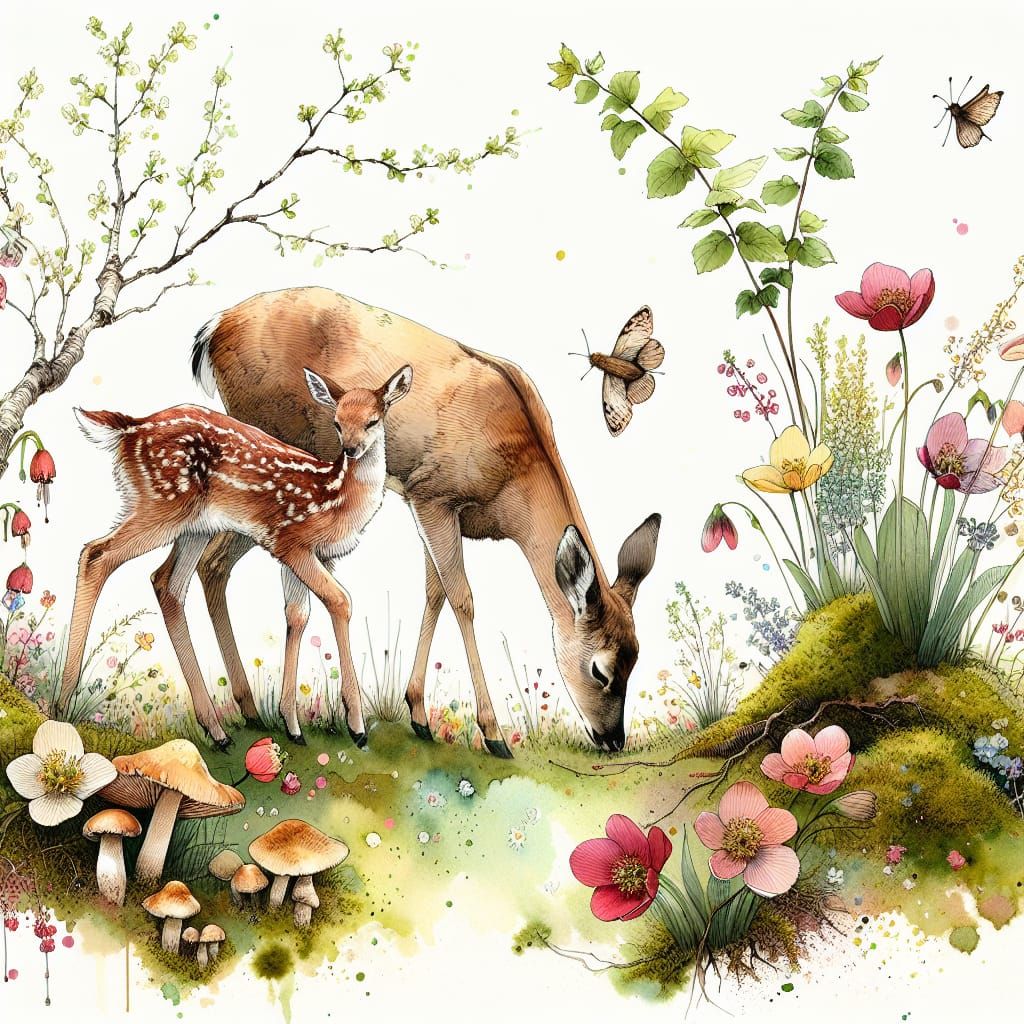 Serenely Beautiful Spring Scene in Ink and Watercolor Style