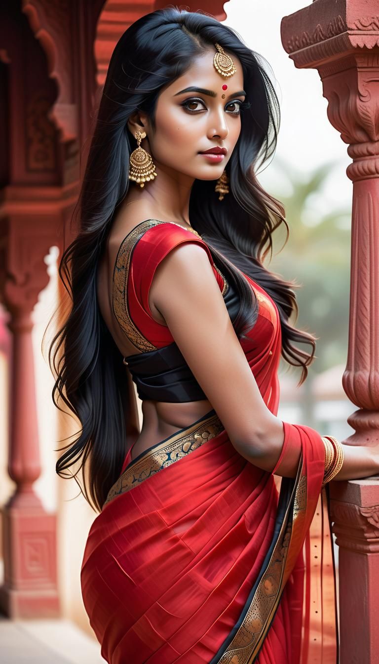 American Woman in Red Saree, Cinematic 8k Render