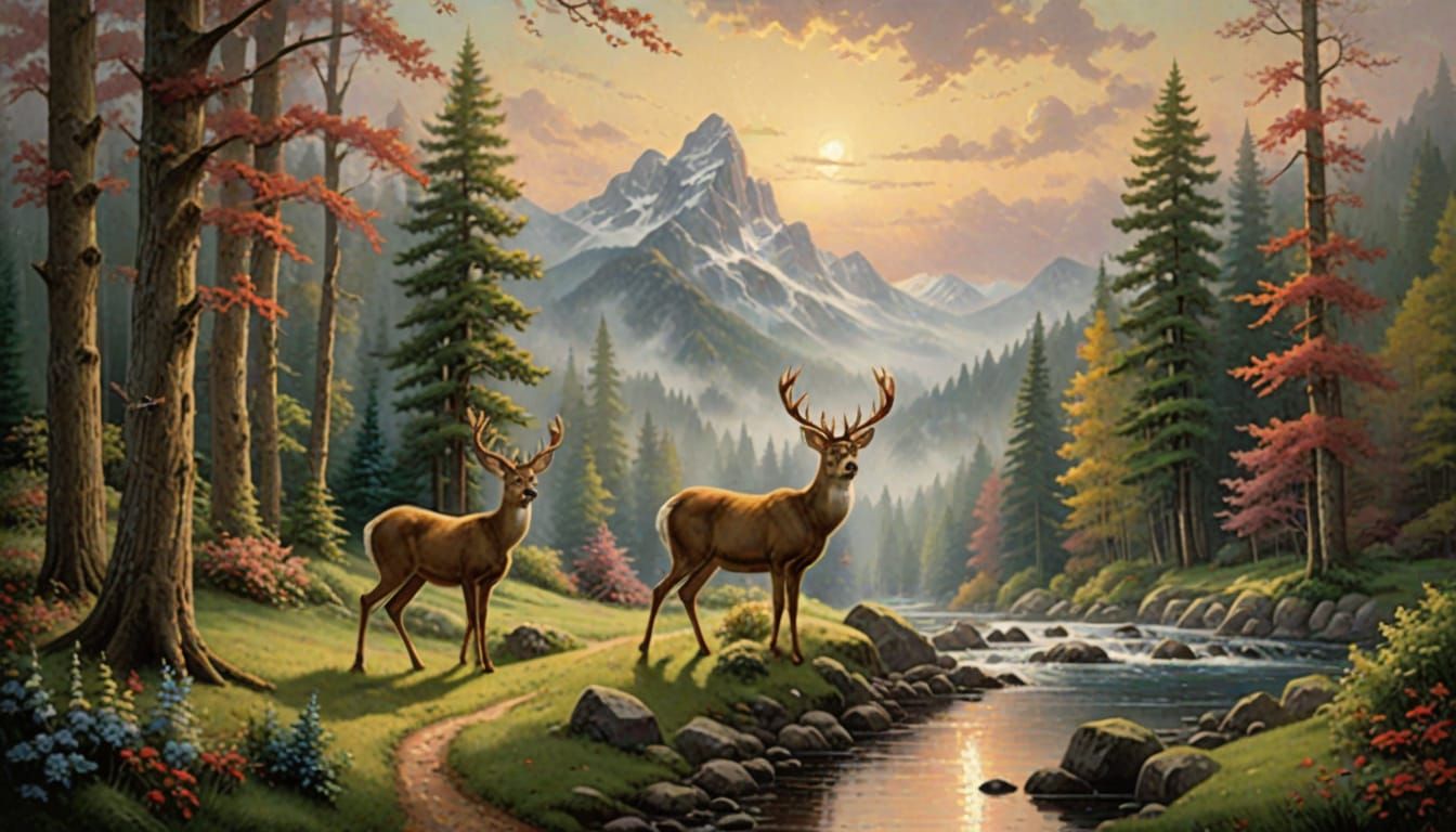 Serene Forest Clearing with Deer in Thomas Kinkade Style