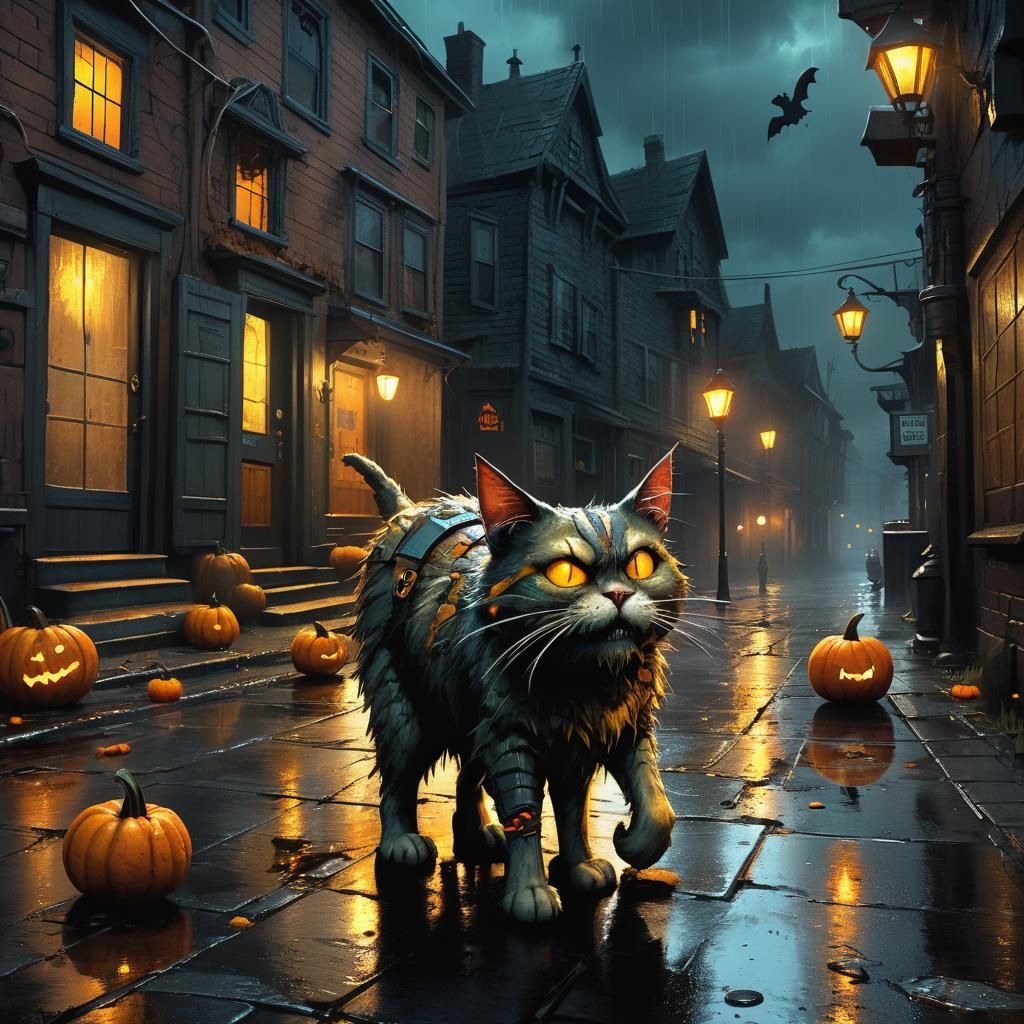 Cyborg Cat Terrifies Dog in Dark City, Digital Art