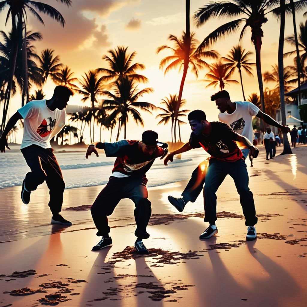 Vintage Photo of Breakdancers on Tropical Beach