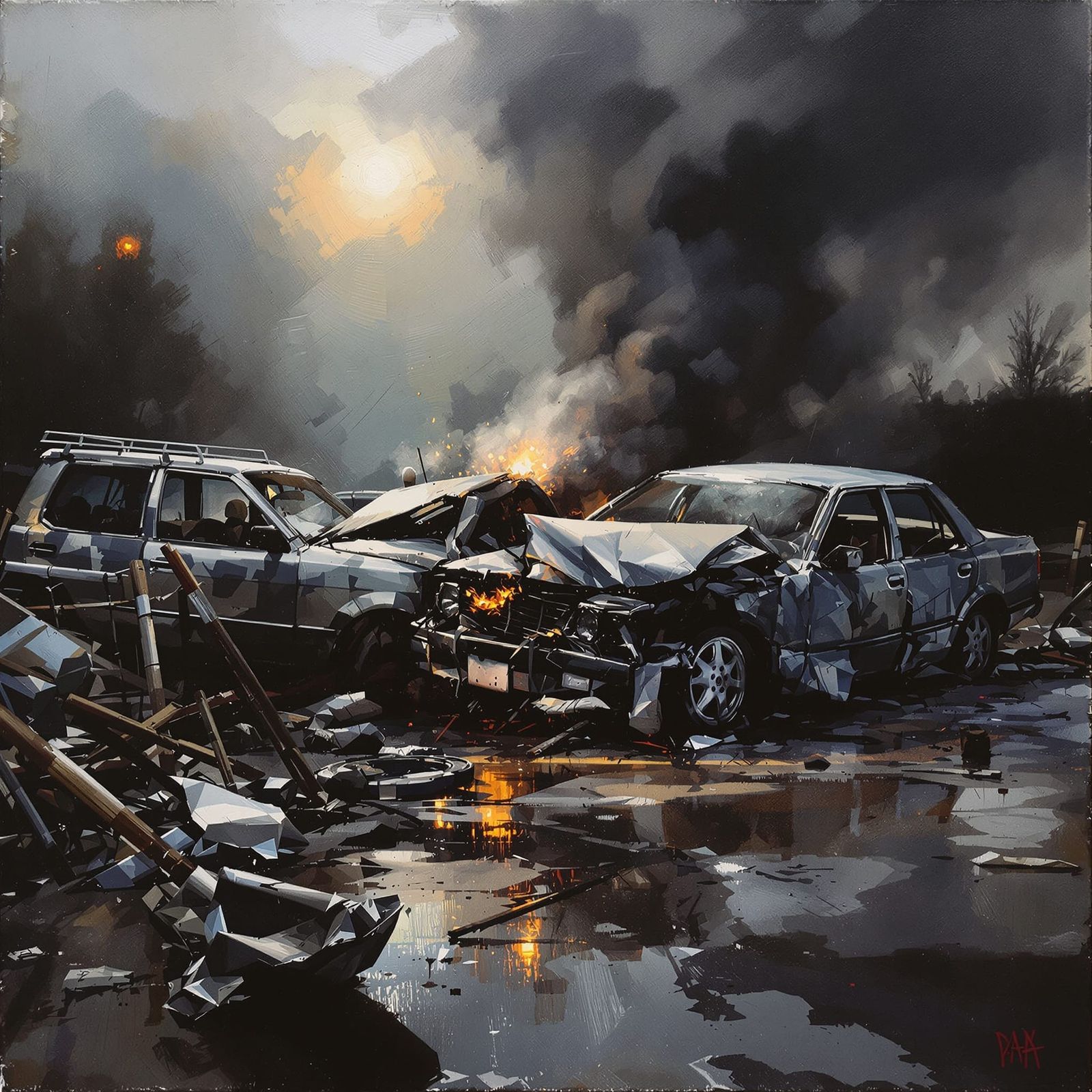Realistic Oil Painting of Car Accident Aftermath