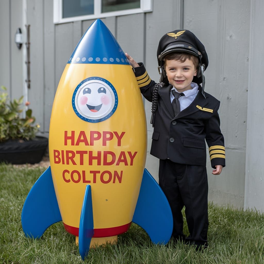 Young Boy Celebrates Birthday with Exciting Rocket Ship
