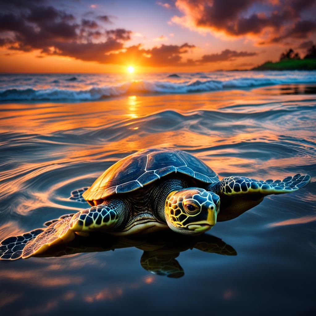 Turtle Swimming in Sunset: Hyperrealistic Marine Scene