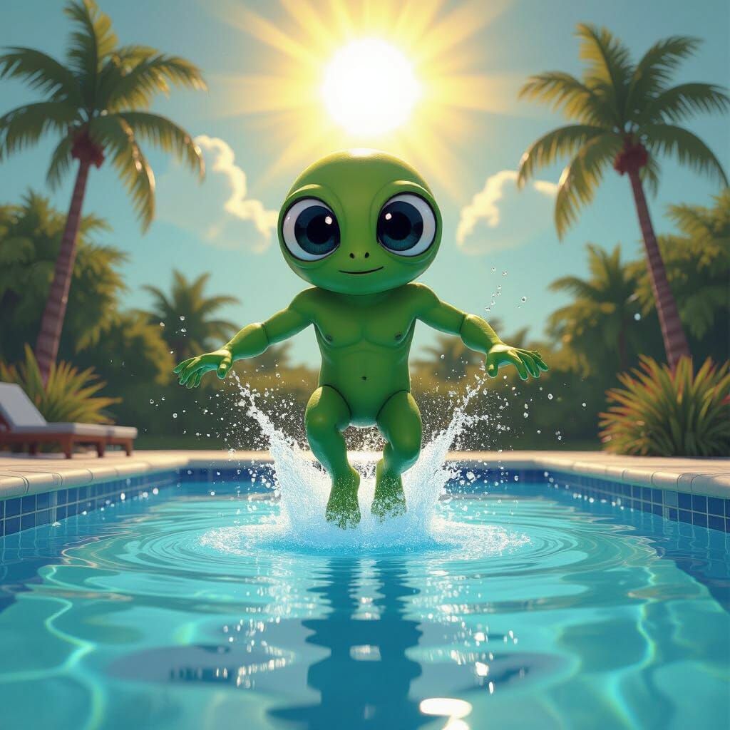 Green Alien Leaping in Blue Pool with Rainbow Splash
