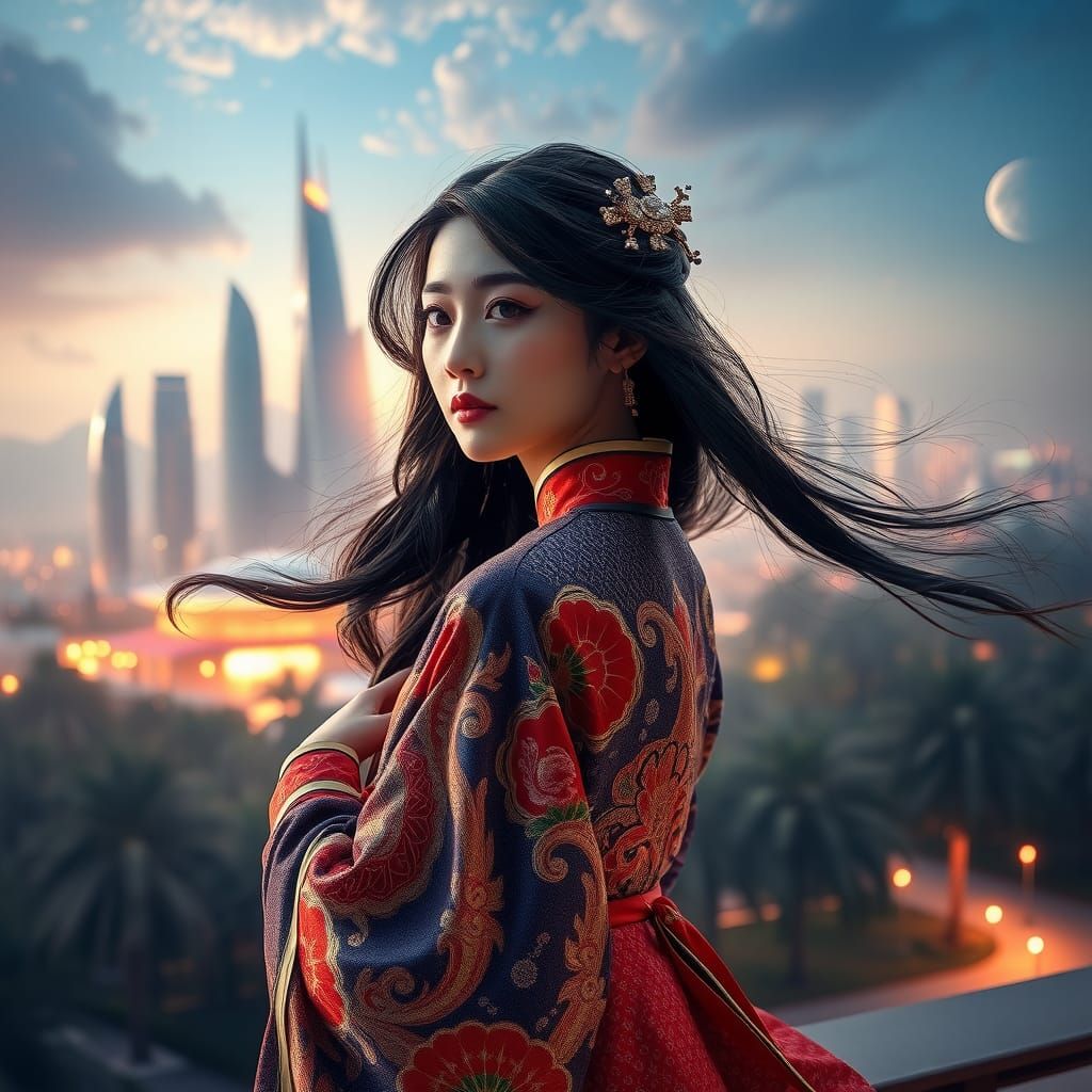 Hanfu Woman in Futuristic Cityscape, Klimt-Inspired