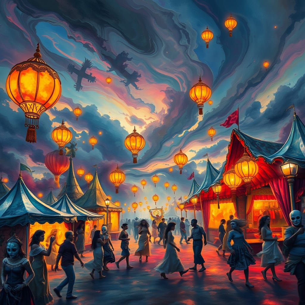 Twilight Carnival Dreamscape in Vibrant Watercolor