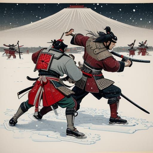 Ukiyo-e Samurai Battle in Snow