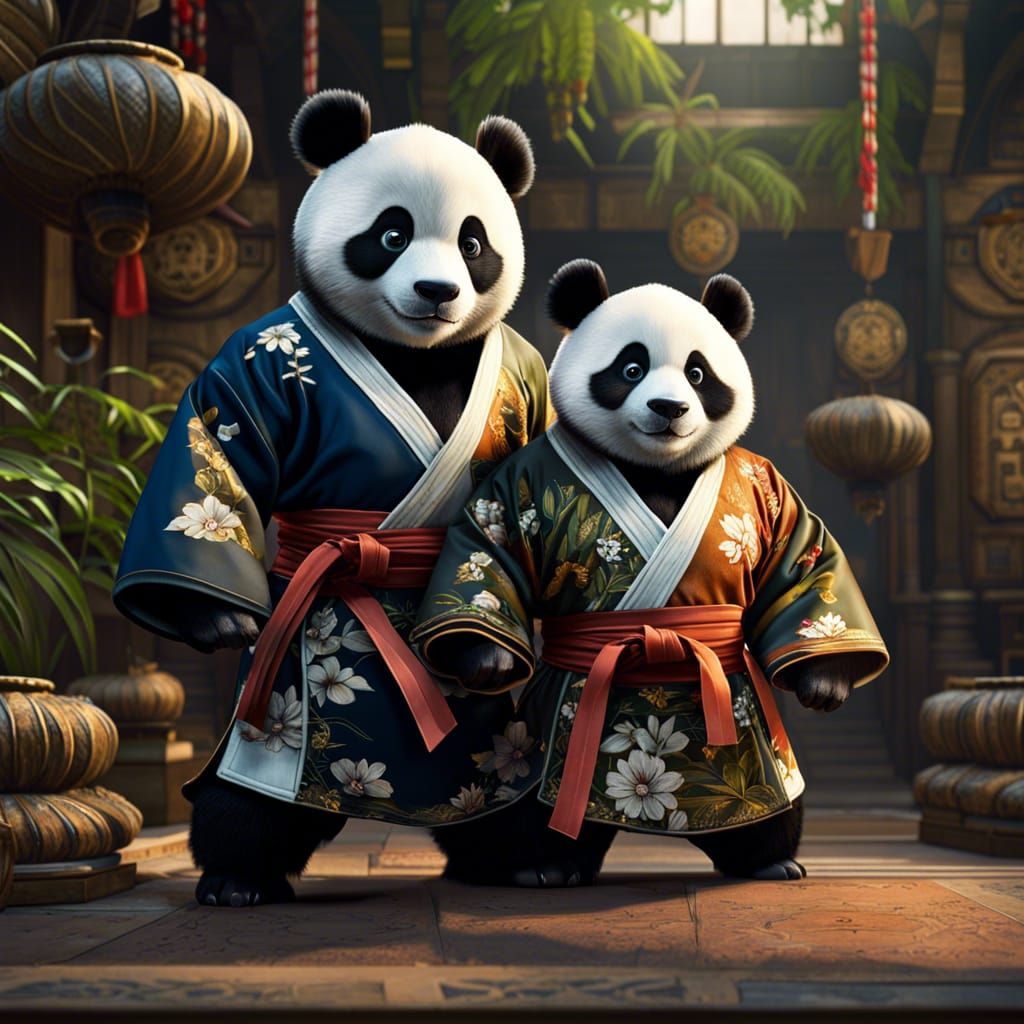 Pandas Ready for Judo Fight: Detailed Matte Painting