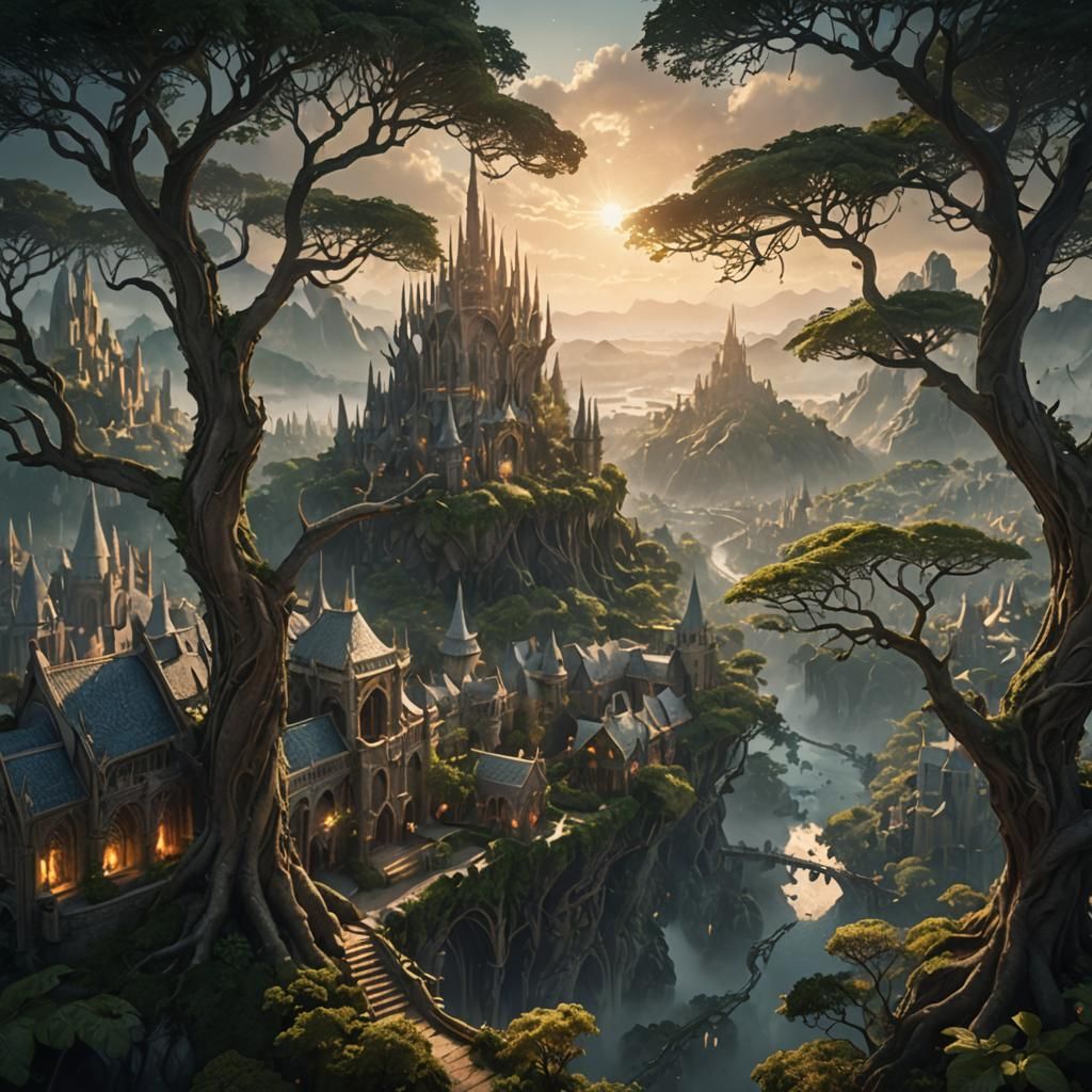 An elven city built amongst giant trees.