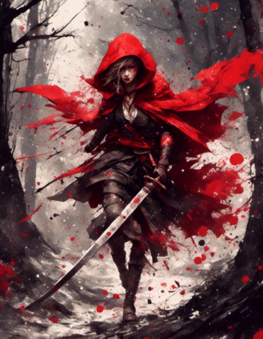 A 3d animation of Red Riding Hood slashing through sakuras with samurai sword <lora:Model X:1.0> <lora:Macabre:1.0>