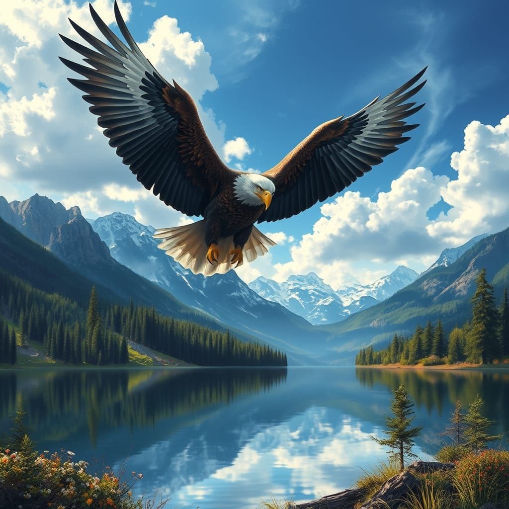 Bald Eagle Soars Above Mountain Reflections in Vibrant Color...