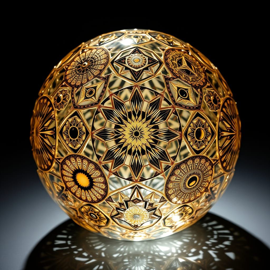 Ornate Glass Sphere Reflecting Light in Op Art Style