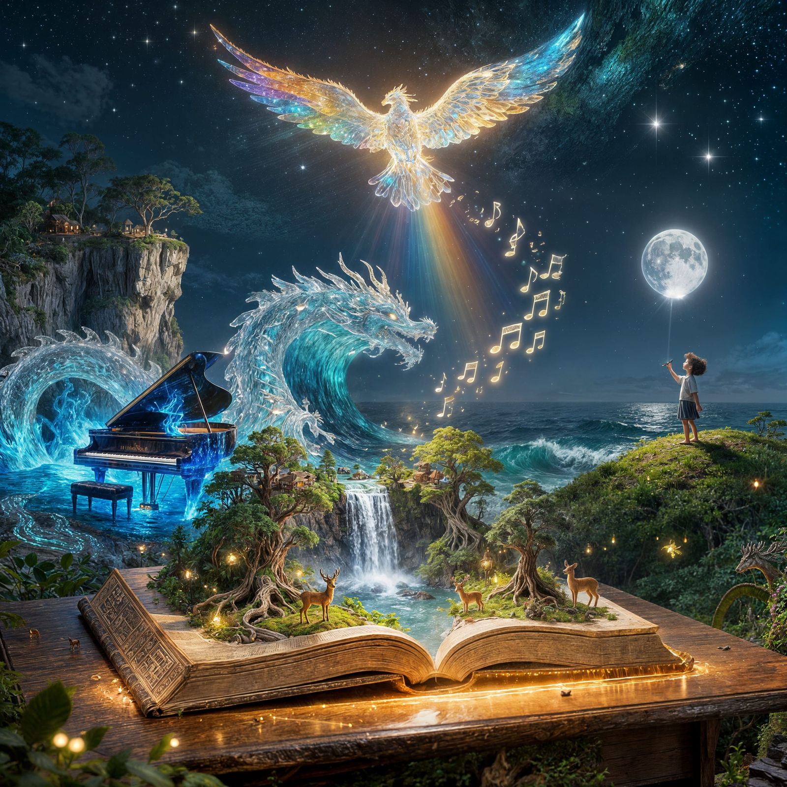 Surreal Landscape: Open Book, Water Dragon, Fiery Piano, Moo...