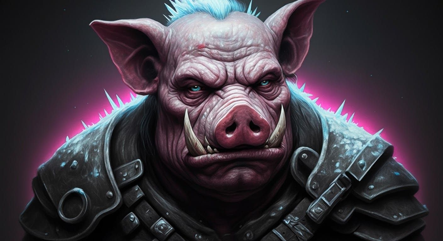 Pig Orc Barbarian: Synthwave Horror Charcoal Drawing