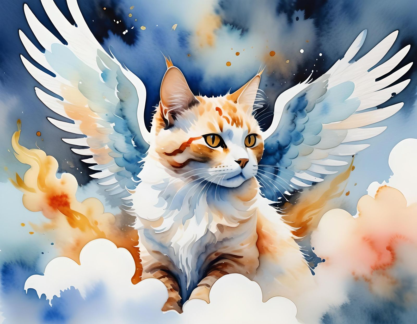Fiery Winged Cat in Watercolor Sky