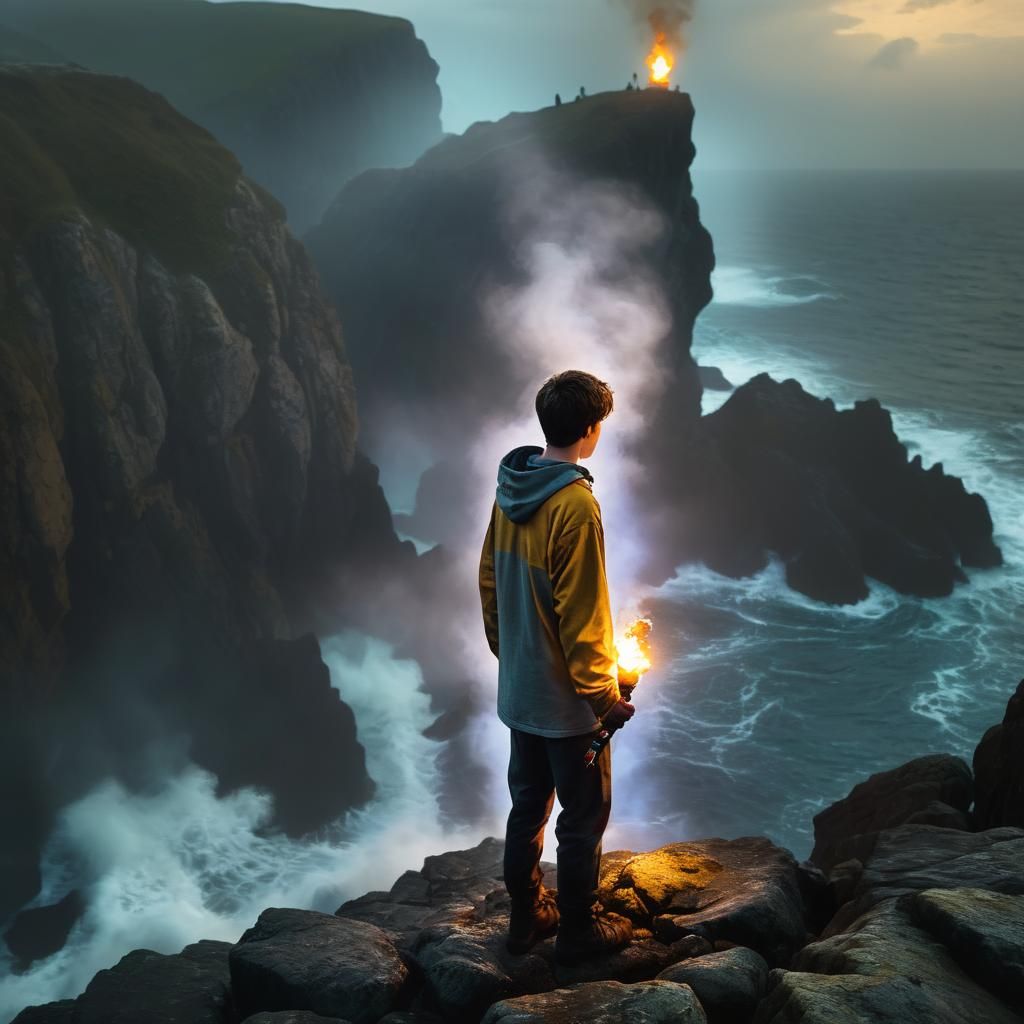 Boy on Cliff with Torch in Cinematic Style