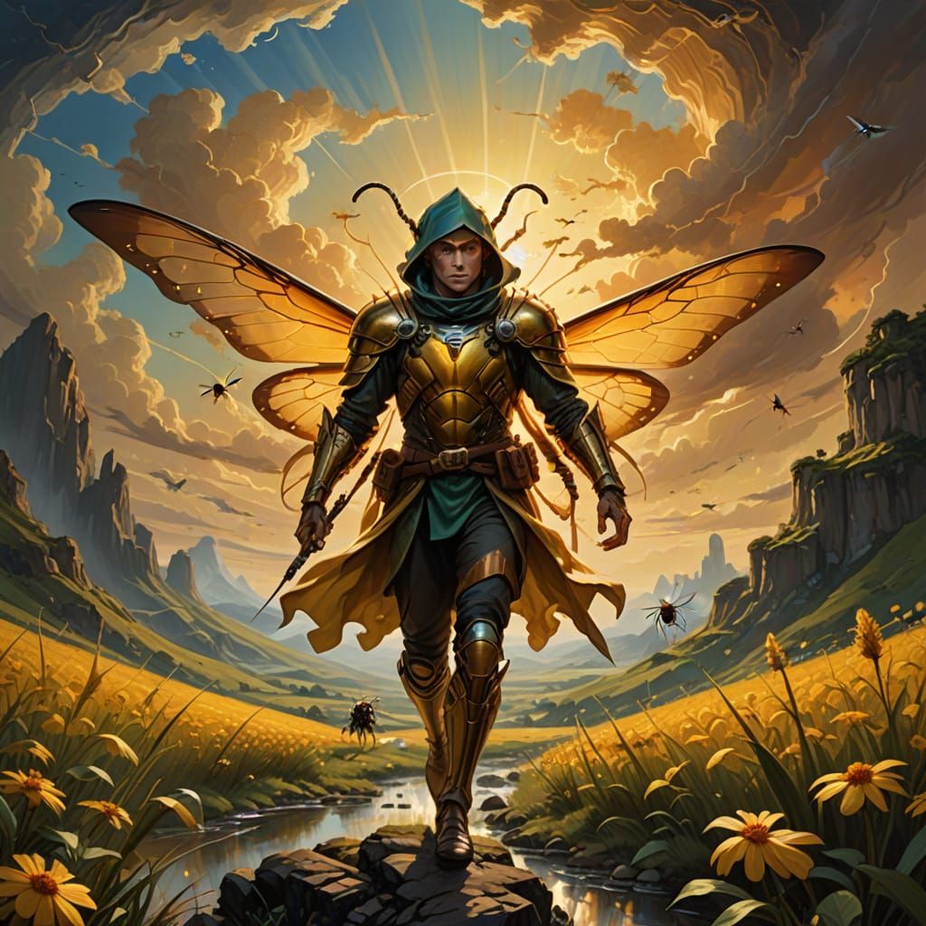 Elf Rides Wasp in Surreal Pre-Raphaelite Landscape