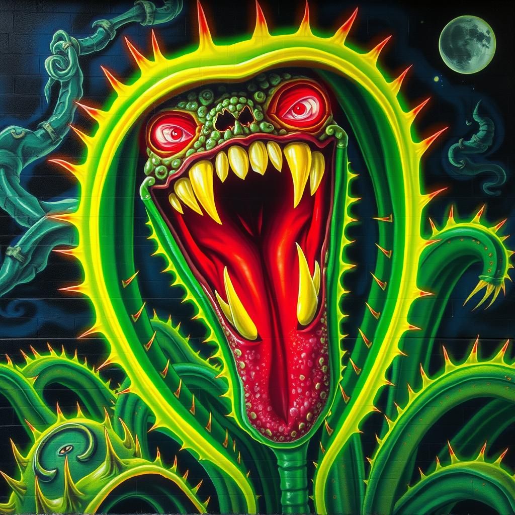 Nightmarish Venus Flytrap Mural with Neon Fangs