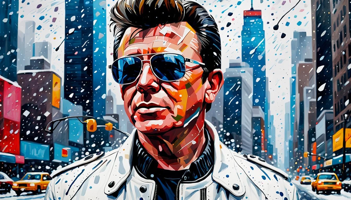 Rick Astley in Pop Art Style in Snowy New York