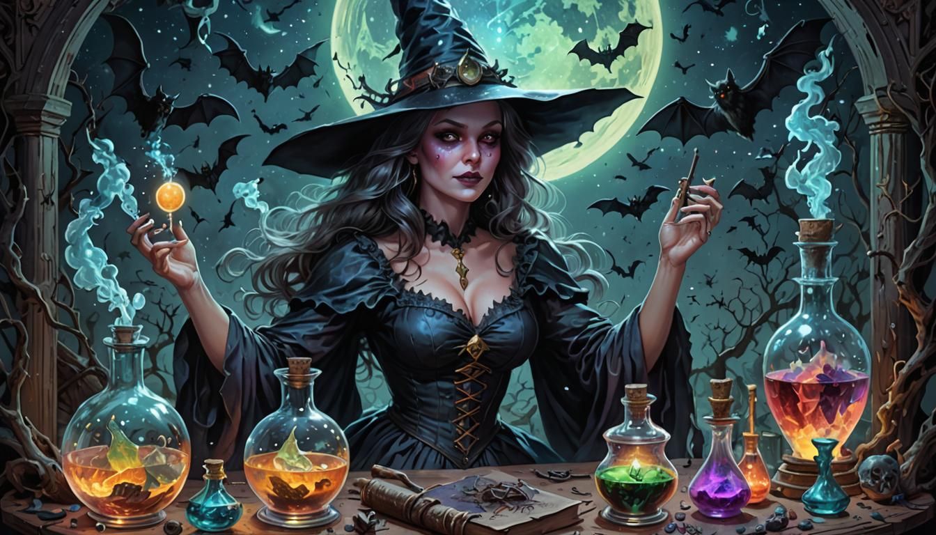 Cosmic Witch Pinup with Potions in Mixed Media