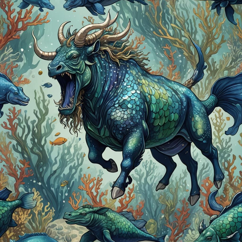 Majestic Quinotaur: Mythical Sea Bull Illustration