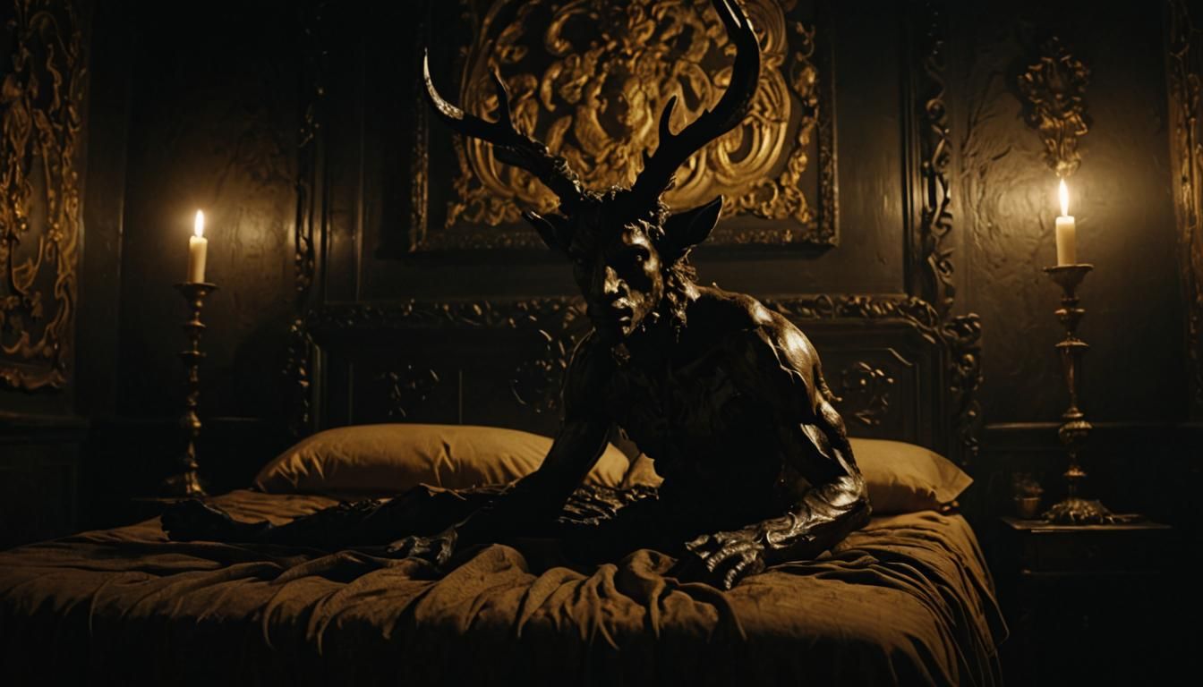 Resin Faun in Dark Bedroom, Baroque Gothic Art