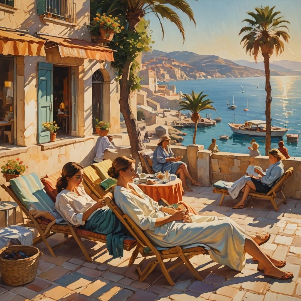 Mediterranean Women Lounging in Impressionistic Style