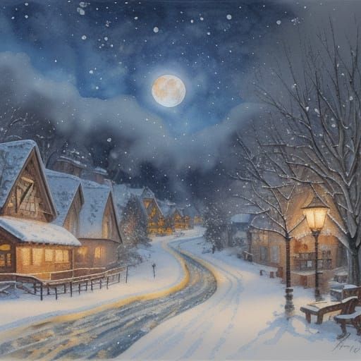 Santa Sleigh Over Snowy Village in Charcoal and Watercolor S...
