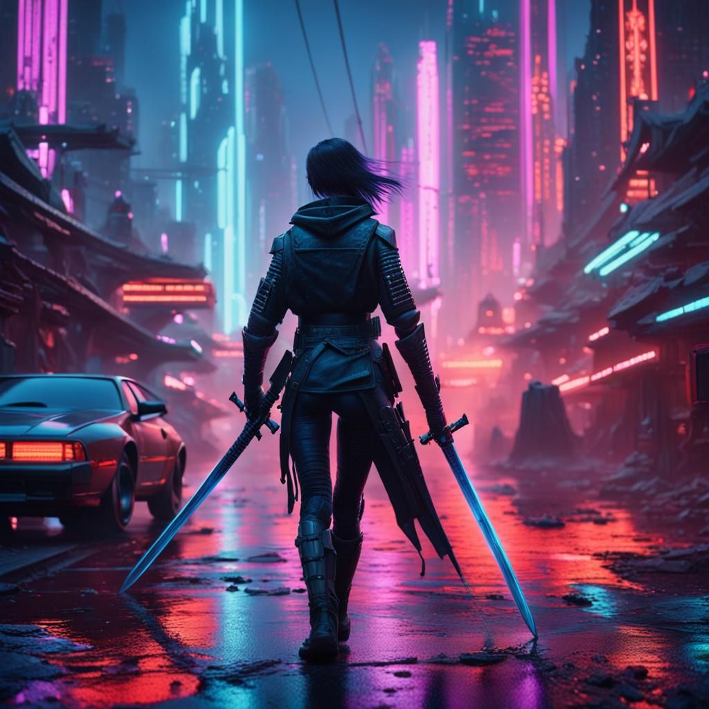 Cyberpunk Swordswoman in Dystopian Cityscape