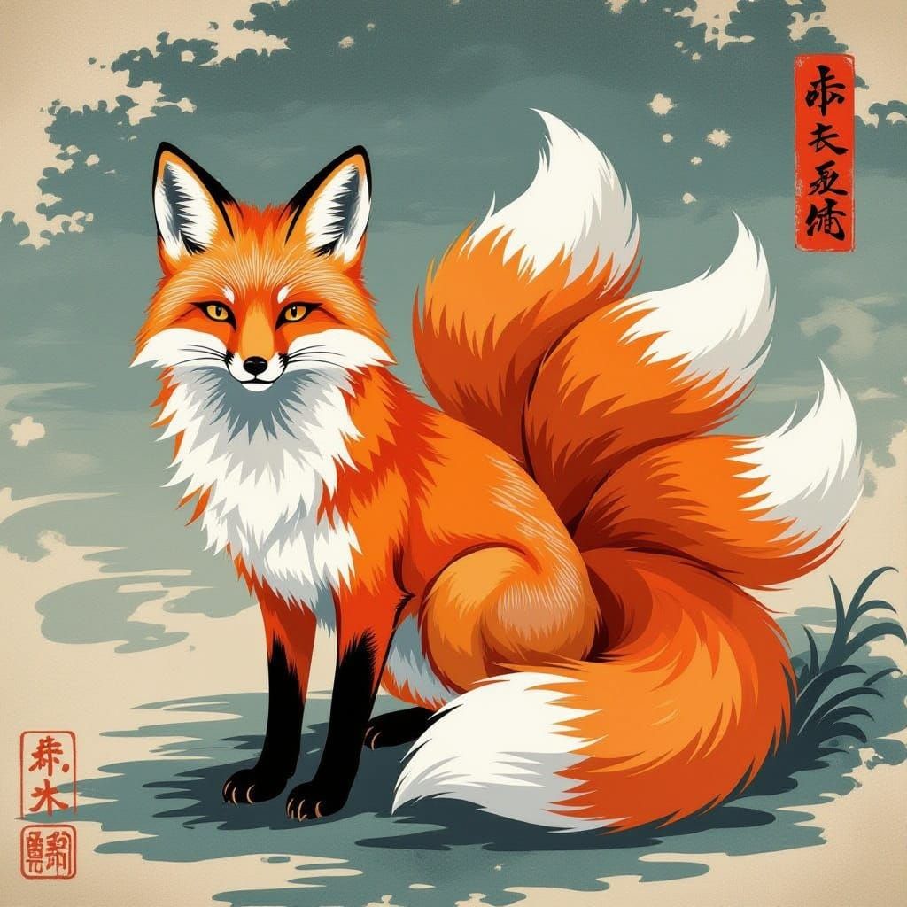 Nine-Tailed Kitsune Spirit in Ukiyo-e Watermark Style