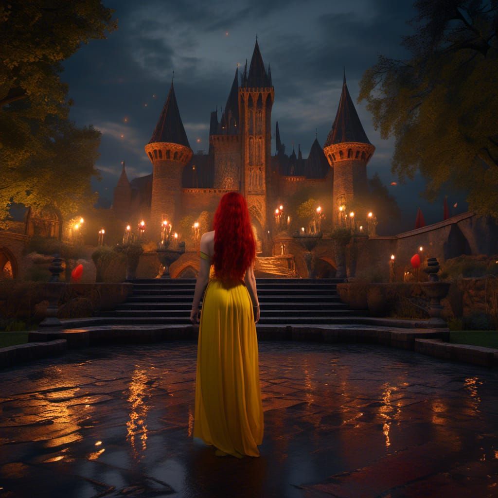 Redhead Princess and Dracula in Medieval Castle