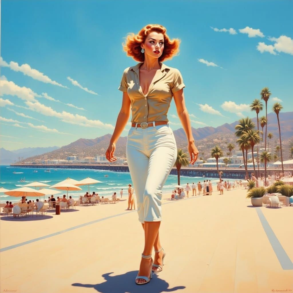 Fit 50-Year-Old Woman on Santa Monica Pier Oil Painting
