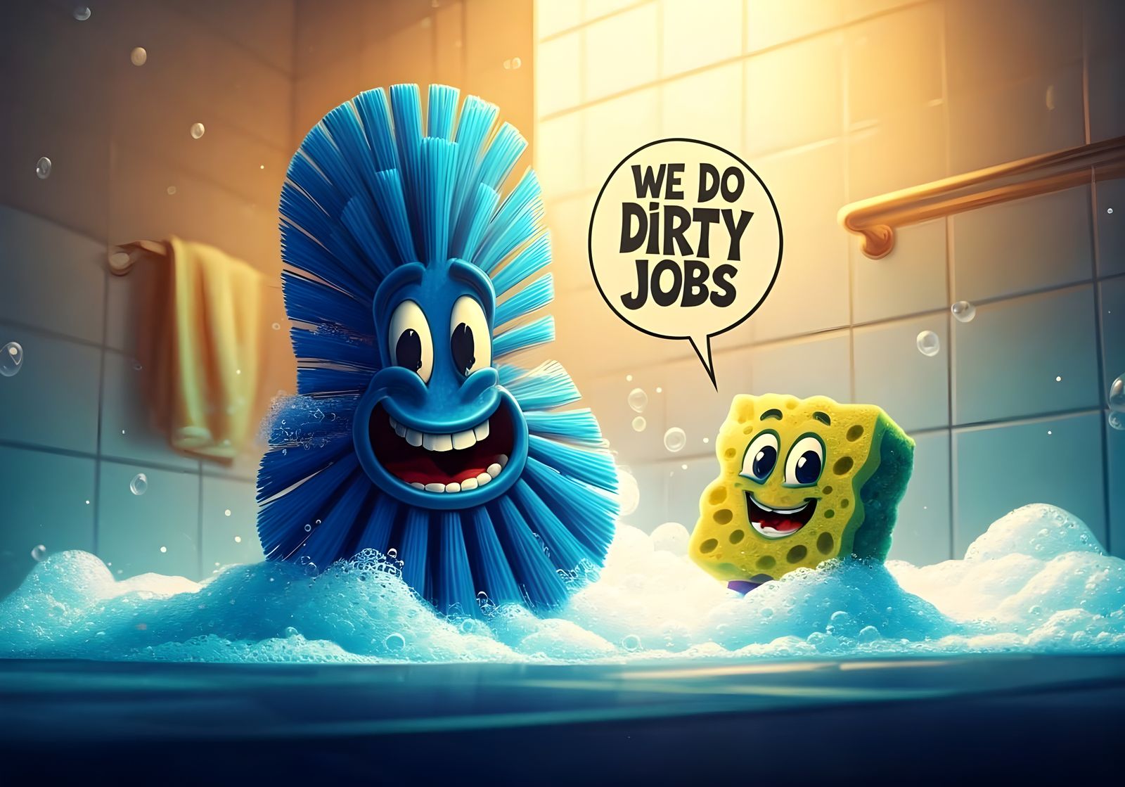 Vibrant Bathroom Cleaner, Whimsical Illustration